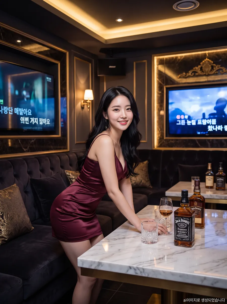 강남 아우라 가라오케 골드 프레임 룸 – 금장 액자형 스크린 두 대와 블랙 벨벳 소파, 화이트 대리석 테이블