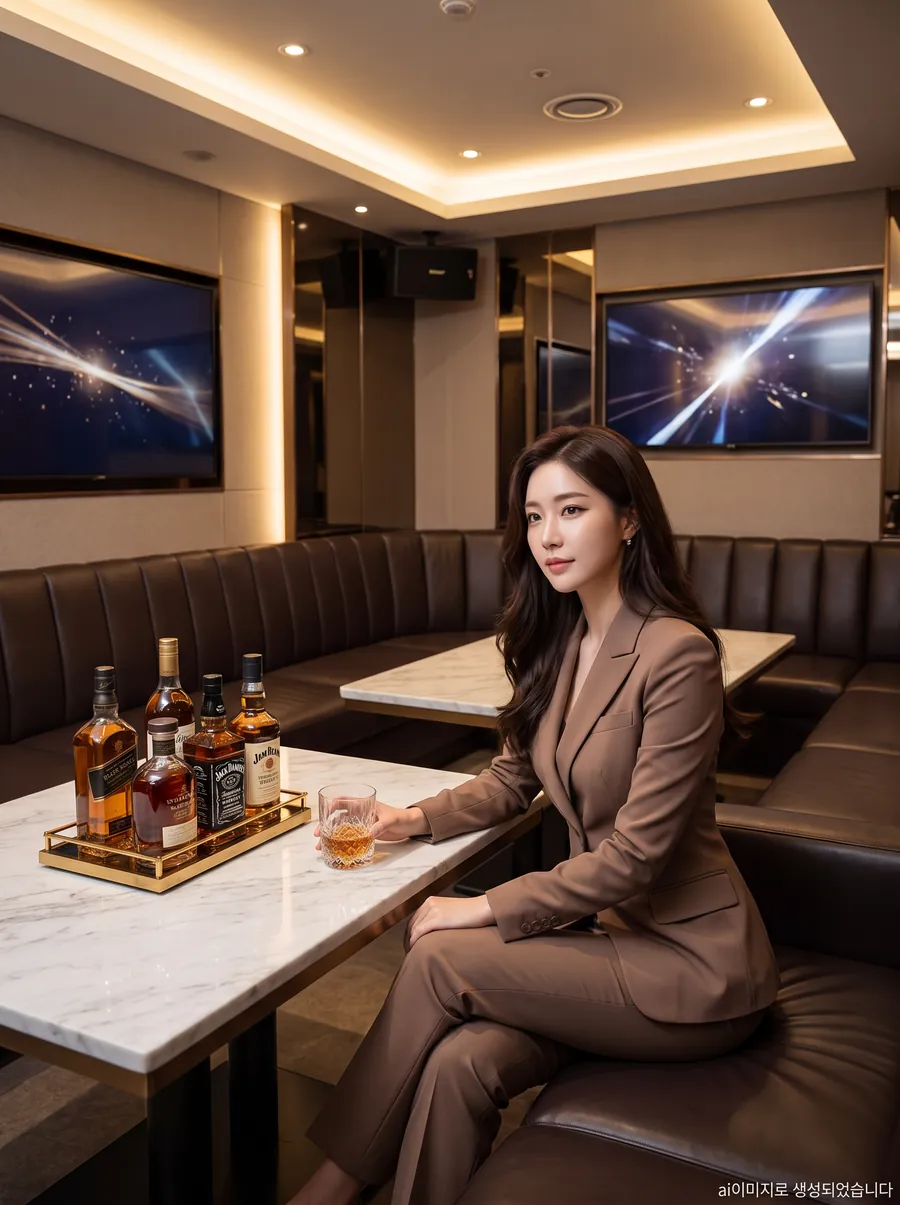 강남 아우라 가라오케 단체 대형룸 – ㄷ자 가죽 소파와 스크린 두 대, 위스키 트레이가 놓인 대리석 테이블