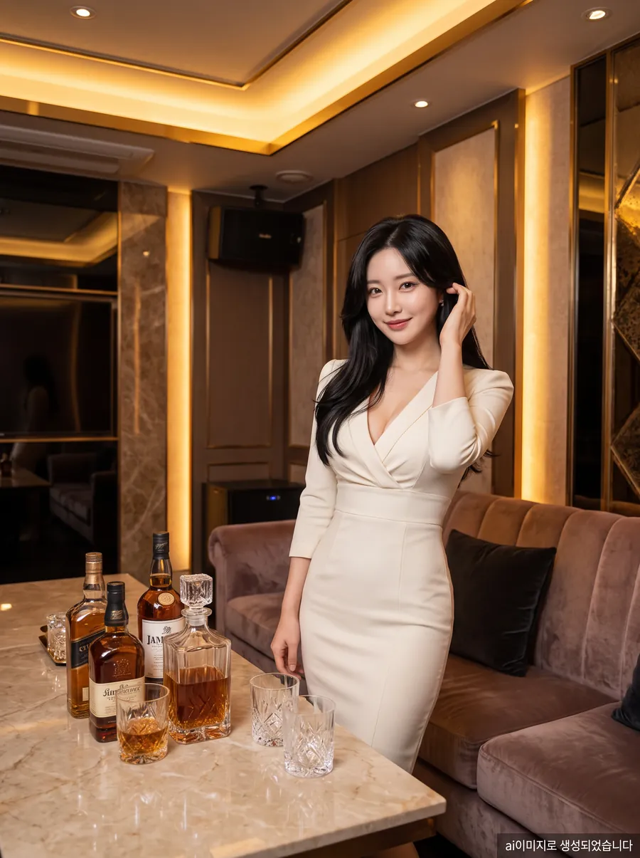 강남 아우라 가라오케 프리미엄 라운지 룸 – 대리석 테이블에 세팅된 위스키와 골드 간접조명, 브라운 벨벳 소파