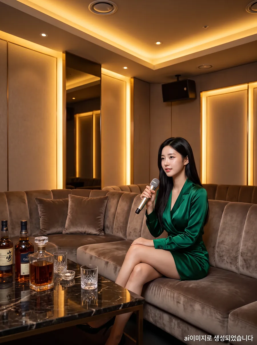강남 아우라 가라오케 노래룸 – 마이크가 준비된 브라운 벨벳 L자 소파와 위스키가 놓인 다크 대리석 테이블