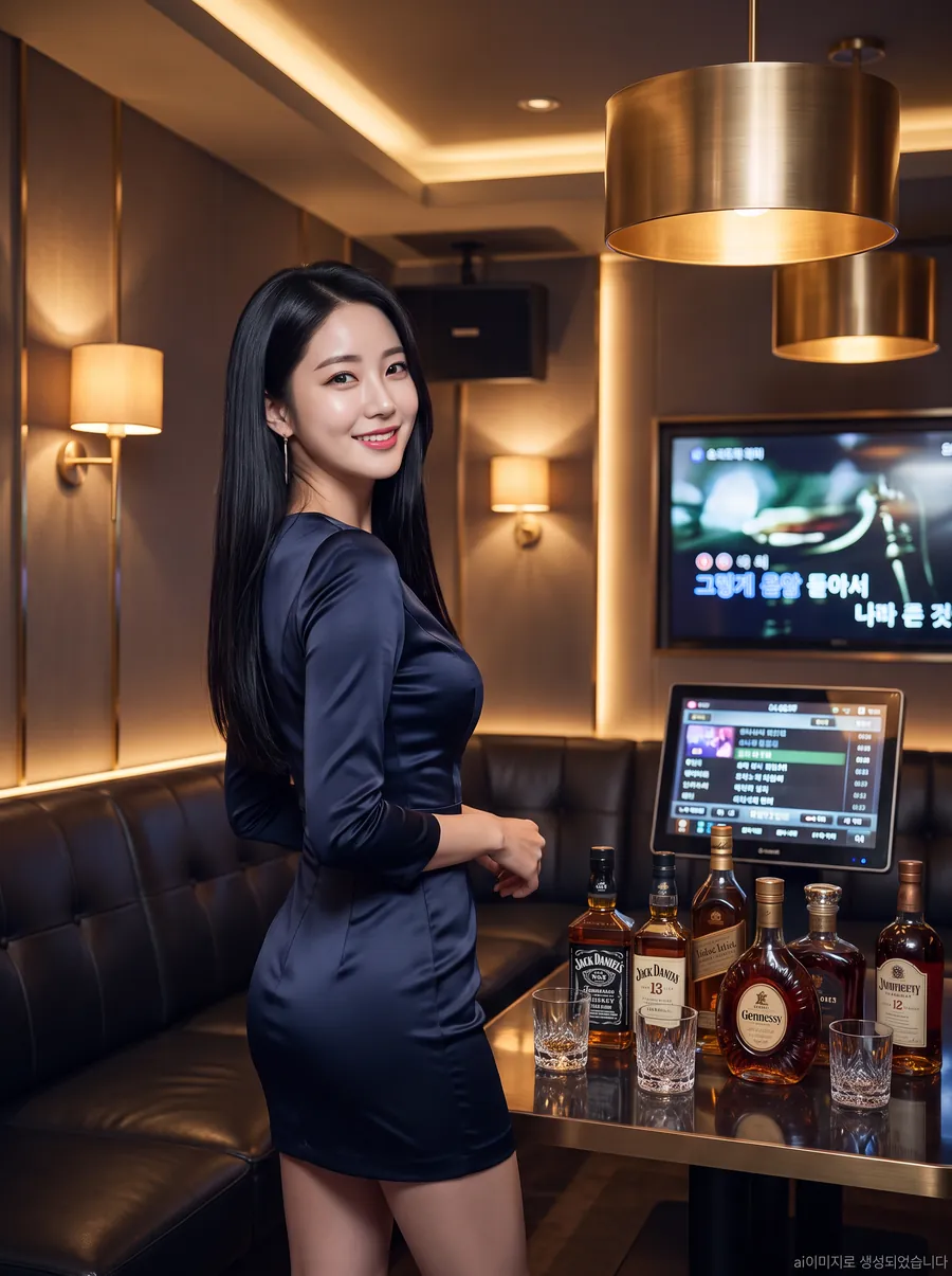 강남 아우라 가라오케 터치 반주기 – 태블릿형 선곡 리모컨과 노래방 화면, 테이블에 세팅된 양주 라인업