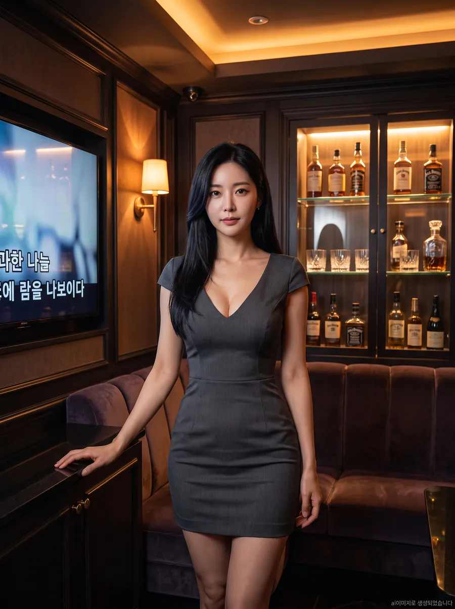 강남 아우라 퍼블릭 스타일 룸 – 유리 위스키 캐비닛과 가사가 나오는 화면, 퍼플 벨벳 소파 좌석