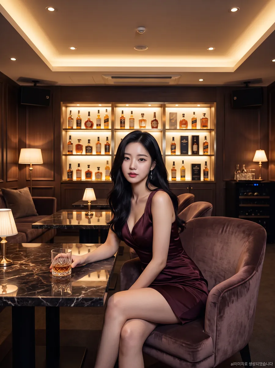 강남 아우라 주대 위스키 진열벽 – 백라이트 선반에 정렬된 양주 라인업과 벨벳 암체어, 대리석 테이블